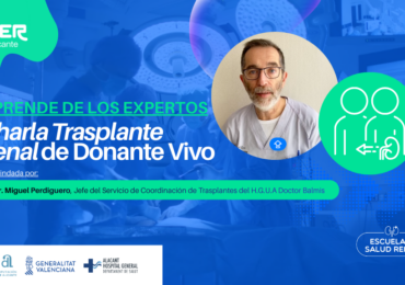Cartel informativo de ALCER Alicante: Charla sobre Trasplante Renal de Donante Vivo, brindada por el Dr. Miguel Perdiguero, Jefe de Coordinación de Trasplantes del Hospital Doctor Balmis. Incluye una foto del doctor y logotipos institucionales.