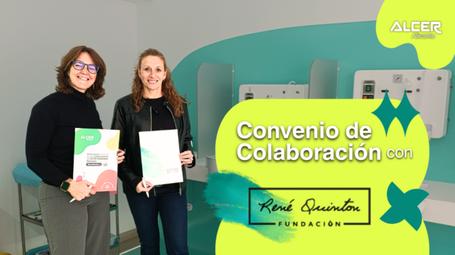 representantes de alcer alicante y fundación rené quinton después de firmar un convenio de colaboración