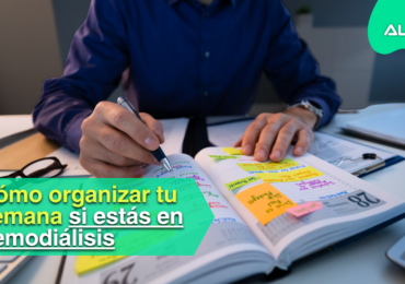 Persona mayor planificando su semana en casa con un calendario sobre la mesa, representando la organización del día a día en hemodiálisis.